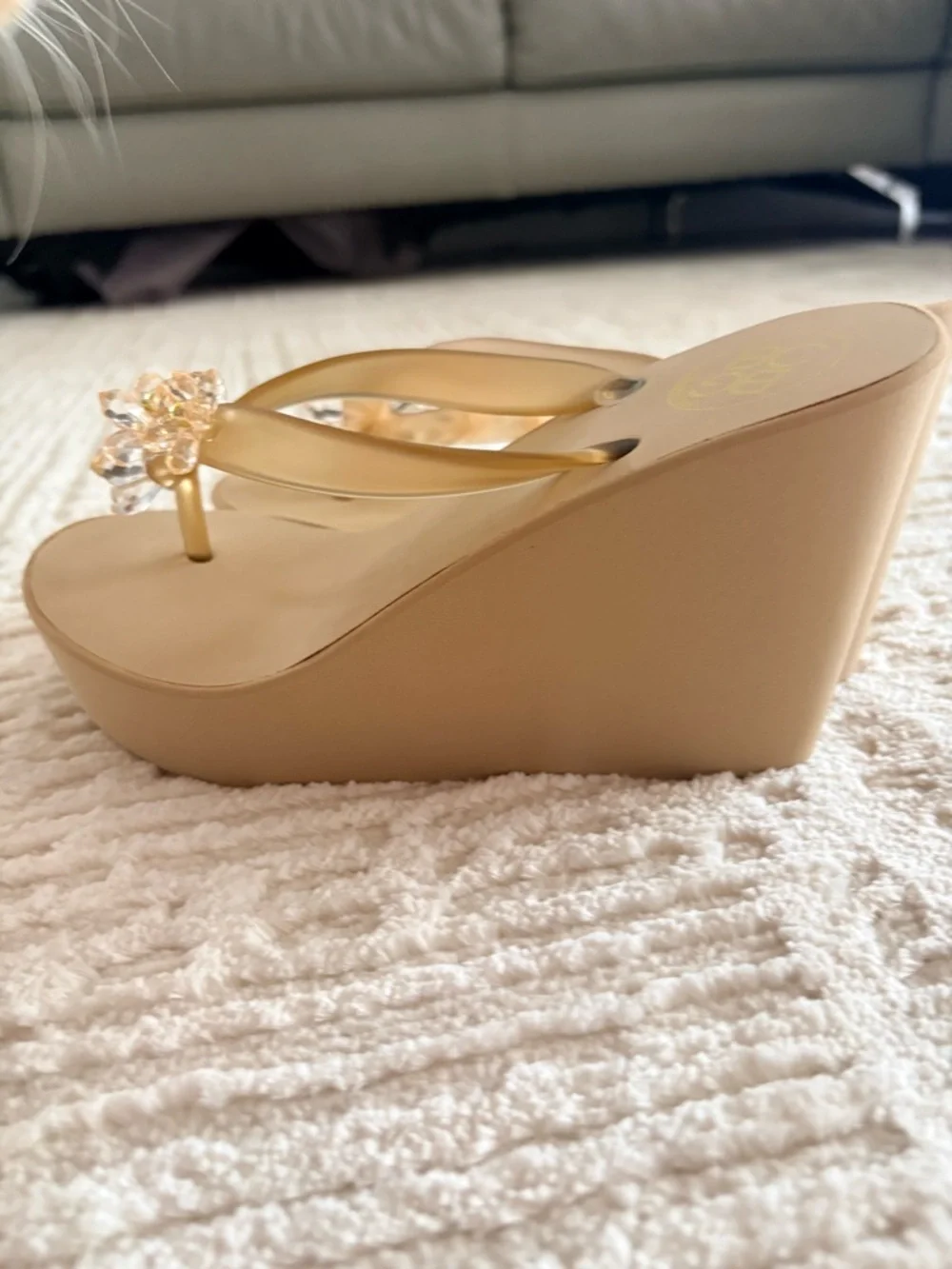 BCBG Tan Platform Flip Flop Sandals with Clear Floral Embellishments